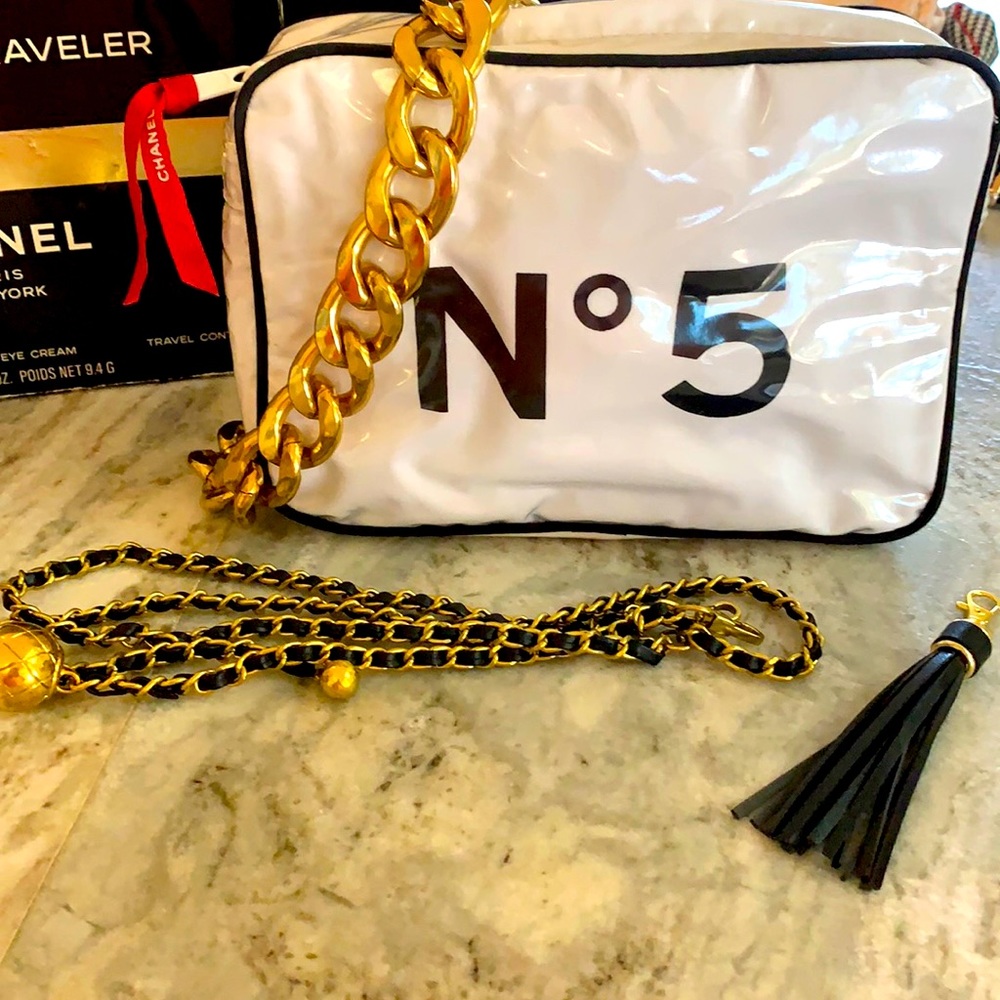 Vintage Chanel No 5 Travel Bag converted to Purse with Chains & Tassel 1988